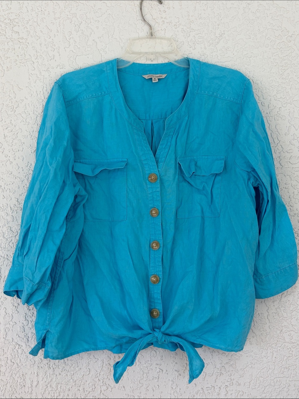 John Mark Turquoise Button-Front Tie-Hem linen Women's Shirt size XL - Picture 3 of 8
